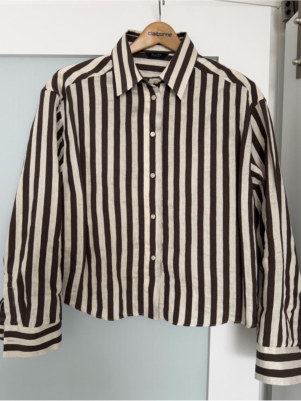 Massimo Dutti Brown and Cream Vertical Stripe Button-Down Shirt